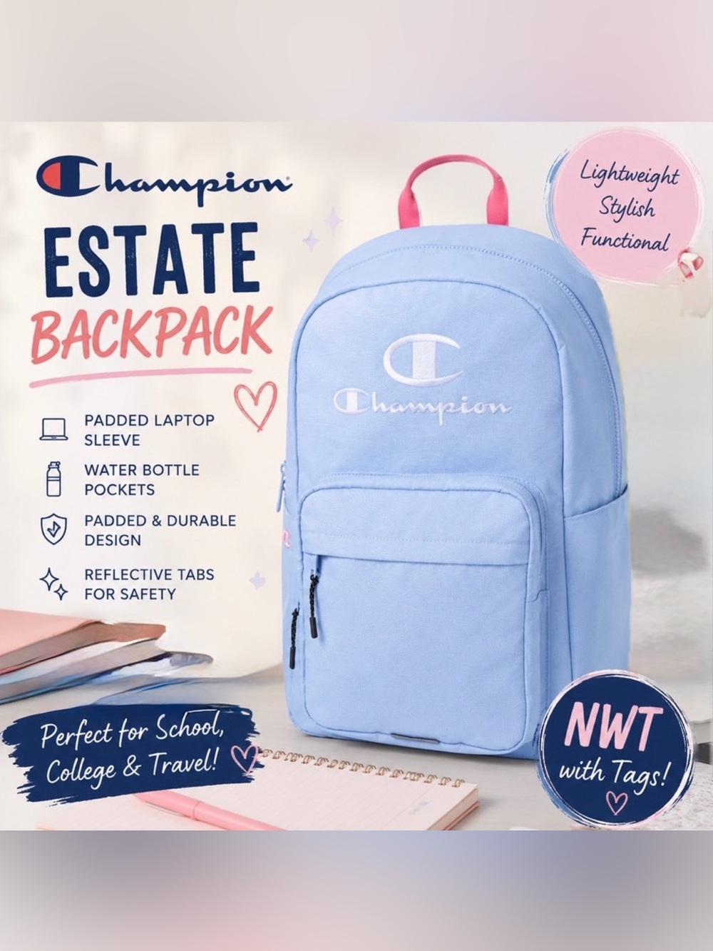 Champion Estate Kids Backpack in Blue with Pink Handle Holds up to 17” Laptop